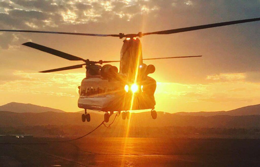 helicopter, fire, sunset
